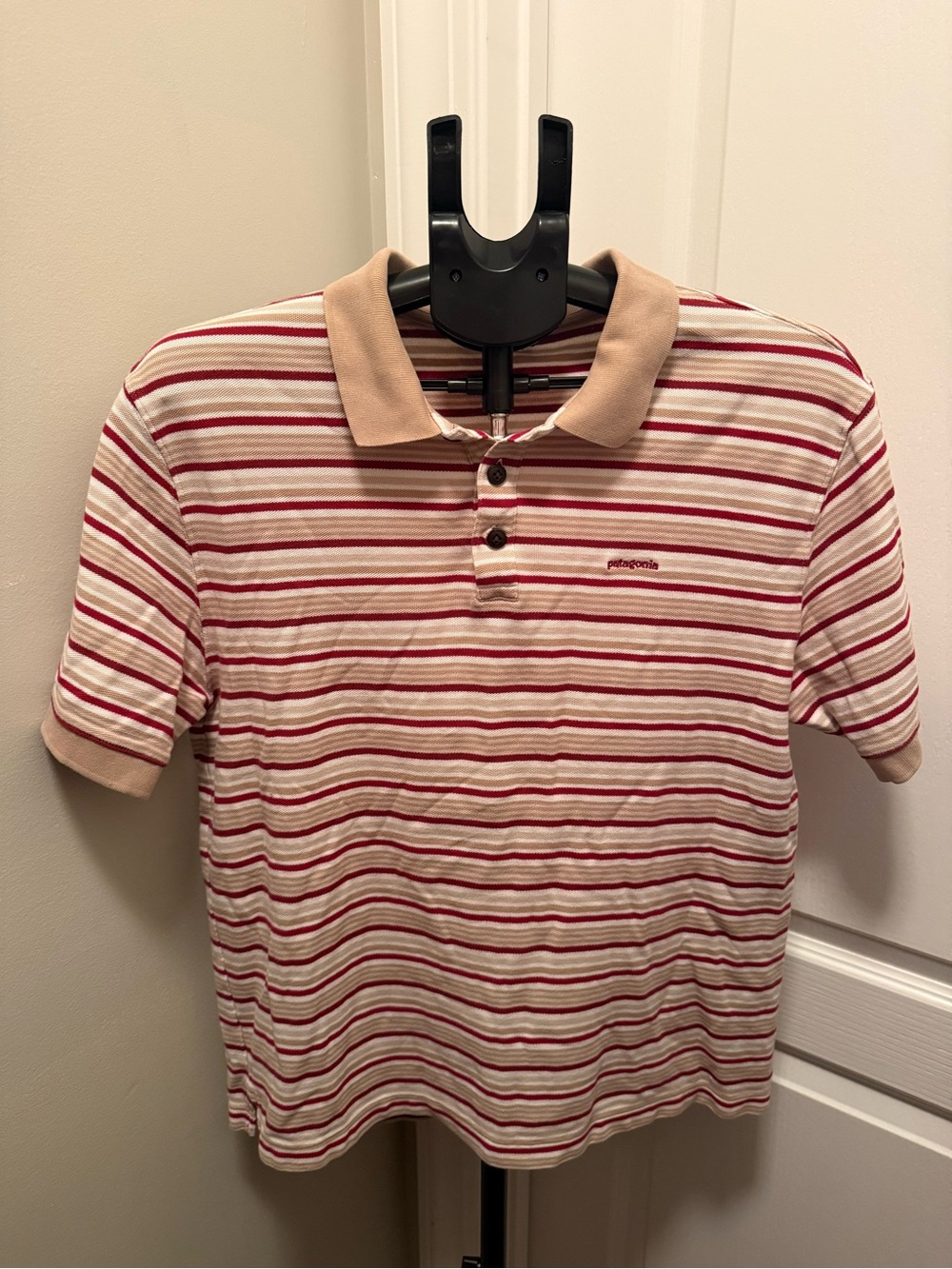 Patagonia Men’s Red & Cream Striped Polo with Tan Collar